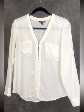 Express Ivory Zip Utility Blouse | Roll Tab Sleeve Top | Size M
